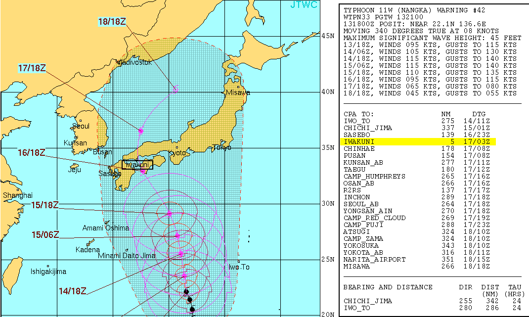 On July 17 Typhoon Nangka is expected to make landfall near the US Marine Air Base in Iwakuni, Japan